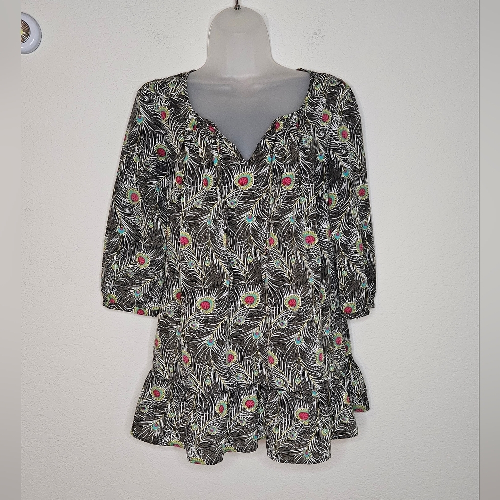 Liberty of London Target Boho Ruffle Hem V-Neck Peacock Print Blouse Top
